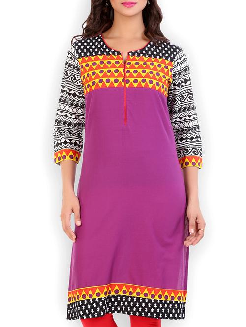 purple cotton straight kurta - 10004625 - Very Small Image - 1