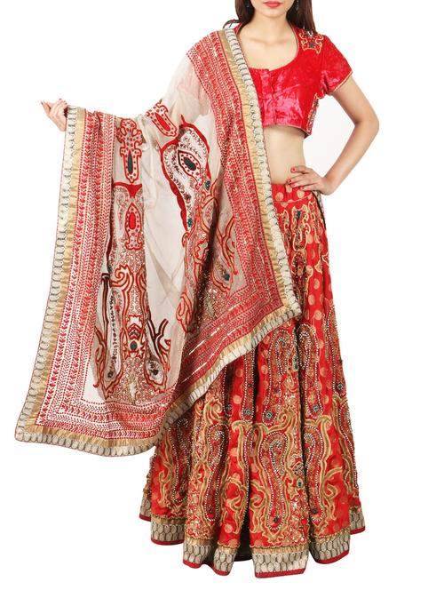 red chanderi, velvet lehenga - 10005401 - Very Small Image - 1