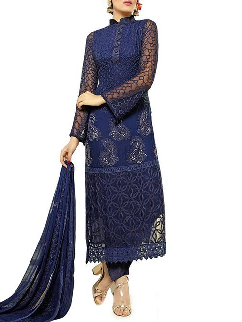 dark blue chiffon unstitched suit - 10007230 - Very Small Image - 1