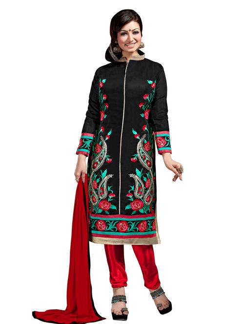 black chanderi silk unstitched suit set - 10009930 - Very Small Image - 1