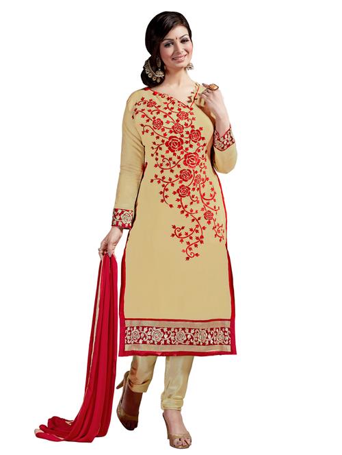 beige chanderi silk unstitched suit set - 10009937 - Very Small Image - 1