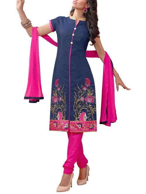 blue chanderi silk unstitched suit set - 10009942 - Very Small Image - 1