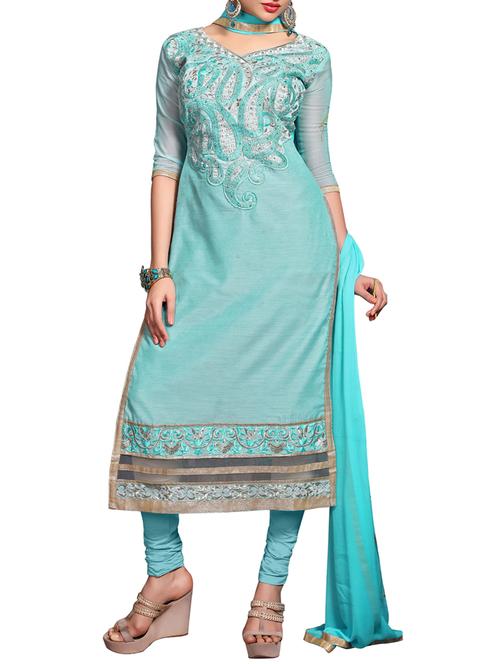 blue chanderi silk unstitched suit set - 10010047 - Very Small Image - 1