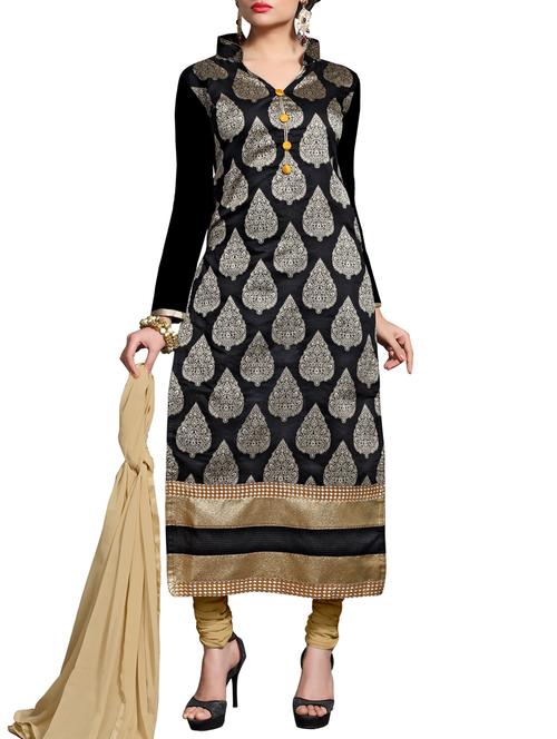 black chanderi silk unstitched suit set - 10010051 - Very Small Image - 1