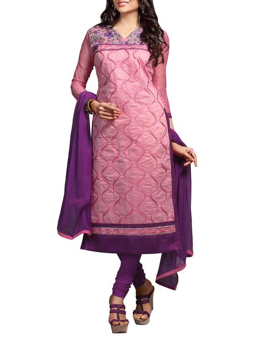 pink chanderi silk unstitched suit set - 10010054 - Very Small Image - 1