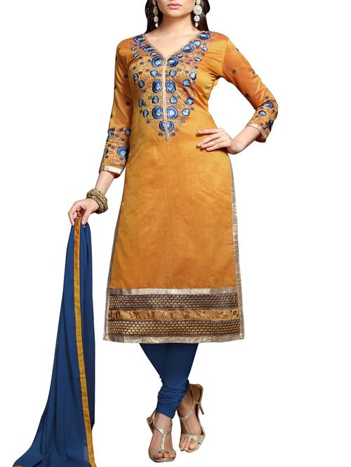 yellow chanderi silk unstitched suit set - 10010055 - Very Small Image - 1