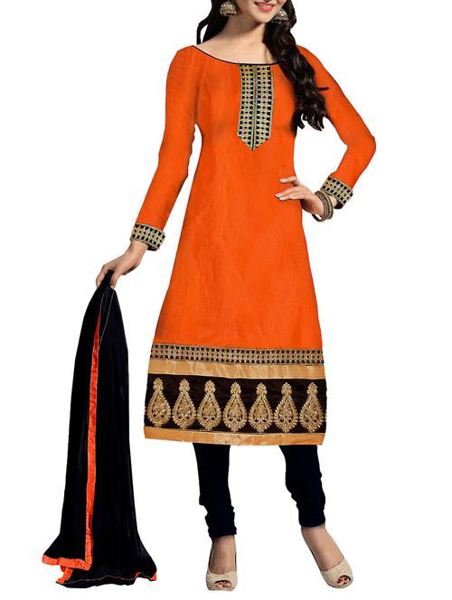 orange chanderi silk unstitched suit set - 10010058 - Very Small Image - 1