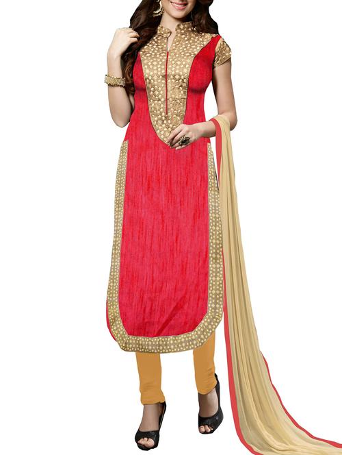 red chanderi silk unstitched suit set - 10010060 - Very Small Image - 1