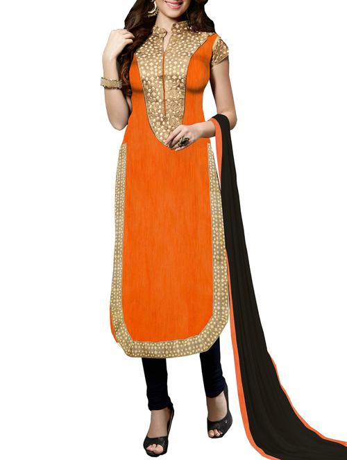 orange chanderi silk unstitched suit set - 10010061 - Very Small Image - 1