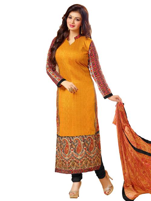 yellow satin cotton unstitched suit set - 10010073 - Very Small Image - 1