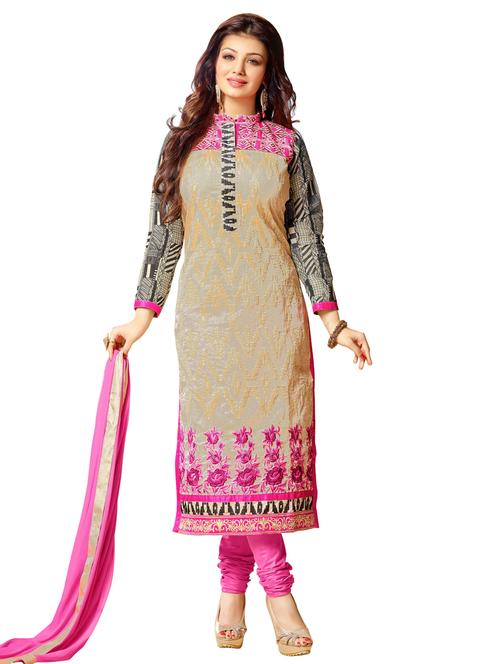 beige chanderi silk unstitched suit set - 10010076 - Very Small Image - 1