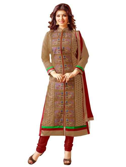 beige chanderi silk unstitched suit set - 10010078 - Very Small Image - 1