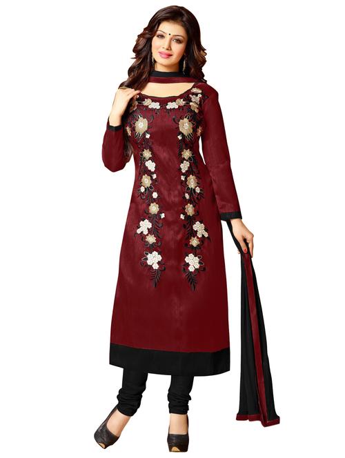 maroon silk unstitched suit set - 10010080 - Very Small Image - 1
