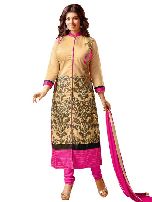 beige chanderi silk unstitched suit set - 10010082 - Very Small Image - 1