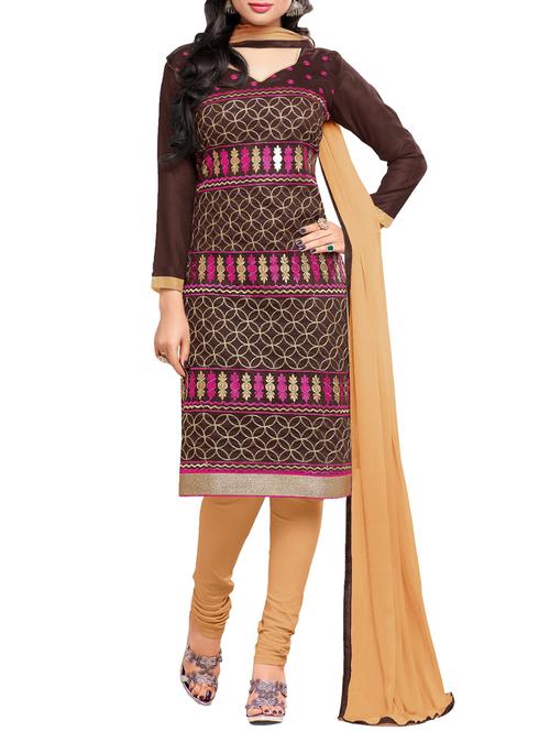 brown chanderi silk unstitched suit set - 10010092 - Very Small Image - 1