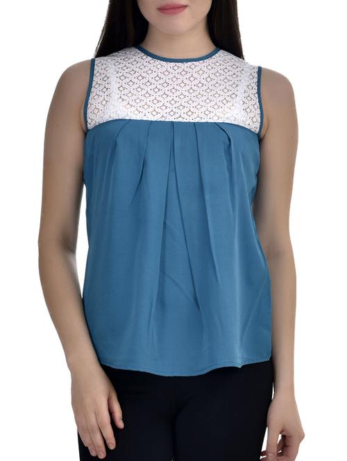 white, metalic blue poly crepe top. - 10010135 - Very Small Image - 1