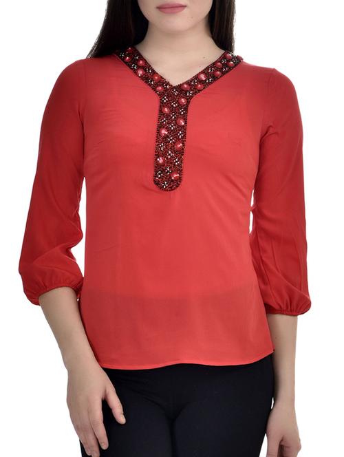 red poly crepe embellished top. - 10010175 - Very Small Image - 1