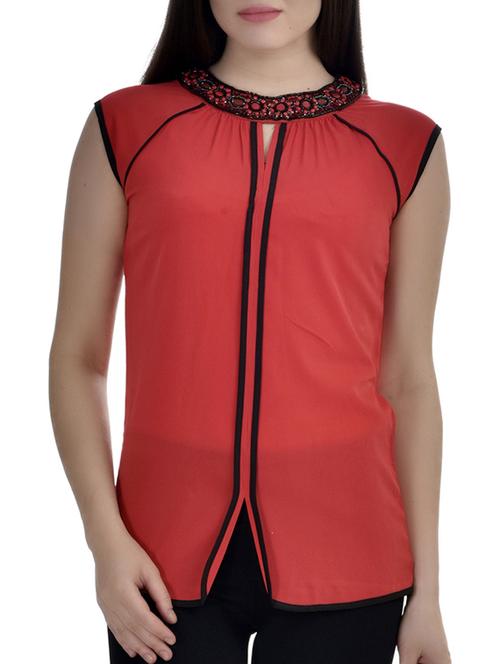 red, black poly crepe top. - 10010178 - Very Small Image - 1