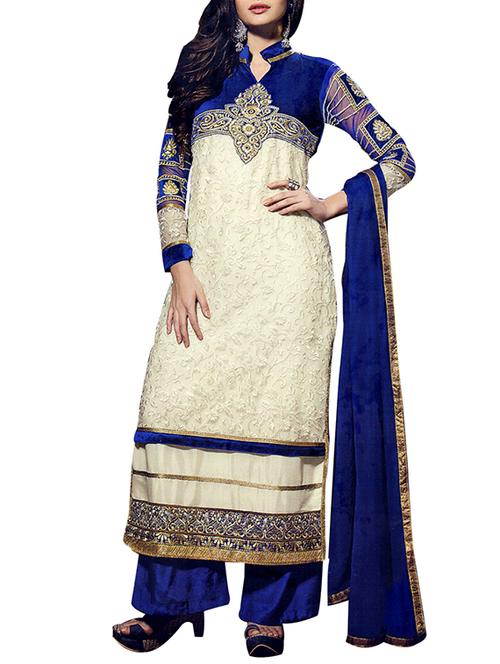 blue & white net, georgette embroidered semi-stitched suit set - 10010594 - Very Small Image - 1