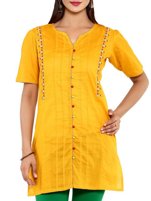 yellow cotton straight kurti - 10011614 - Very Small Image - 1