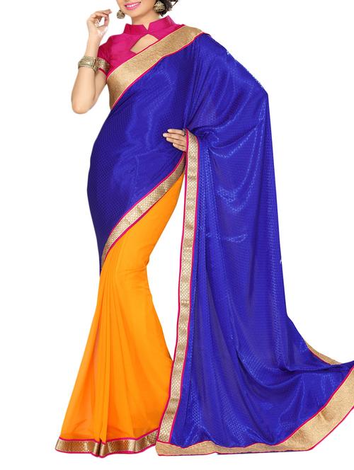 oarnge , blue chiffon saree - 10011692 - Very Small Image - 1