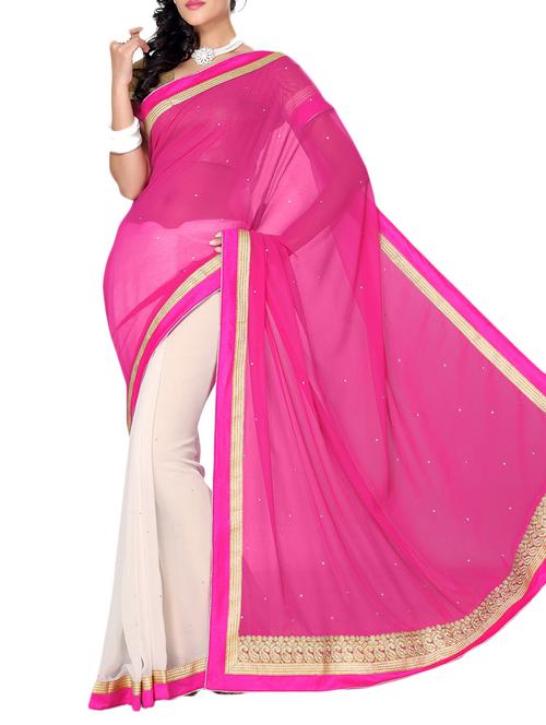 white , pink chiffon saree - 10011697 - Very Small Image - 1
