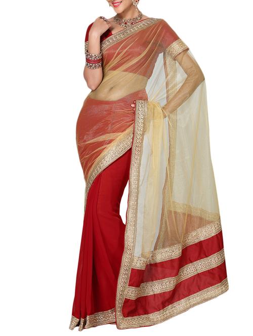 red , beige chiffon saree - 10011700 - Very Small Image - 1