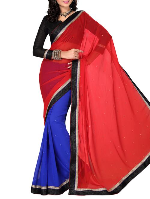 blue , red chiffon saree - 10011701 - Very Small Image - 1
