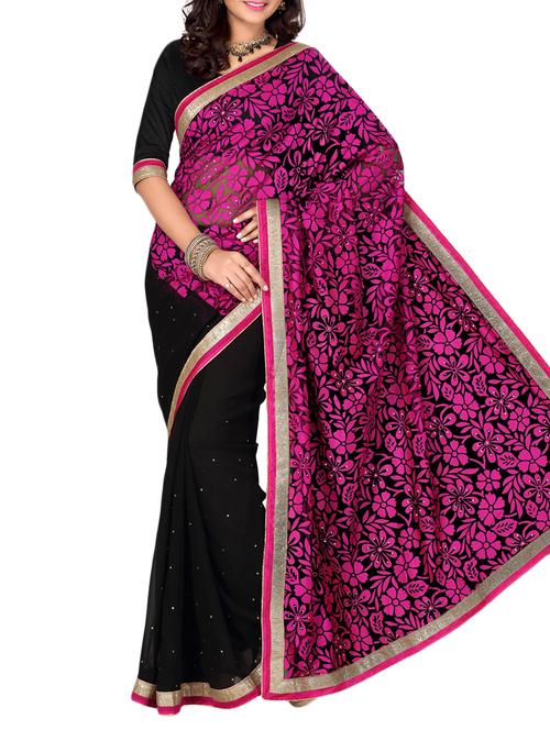 black , rani pink faux georgette saree - 10011702 - Very Small Image - 1