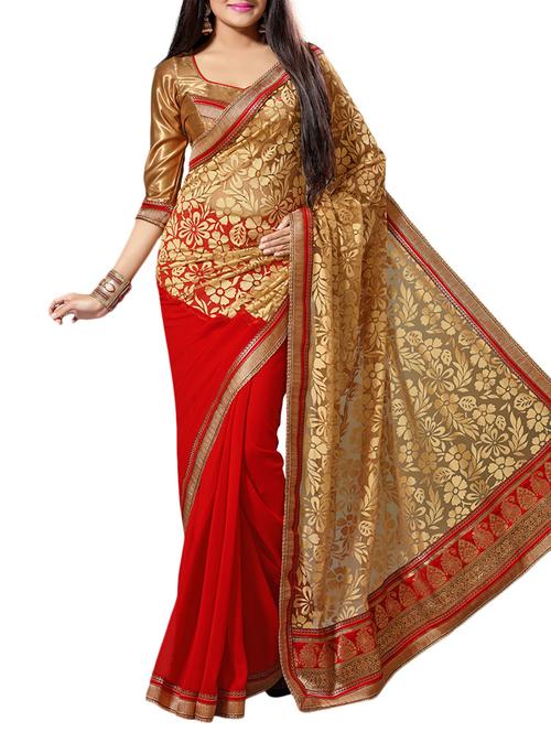 red , beige faux georgette saree - 10011717 - Very Small Image - 1