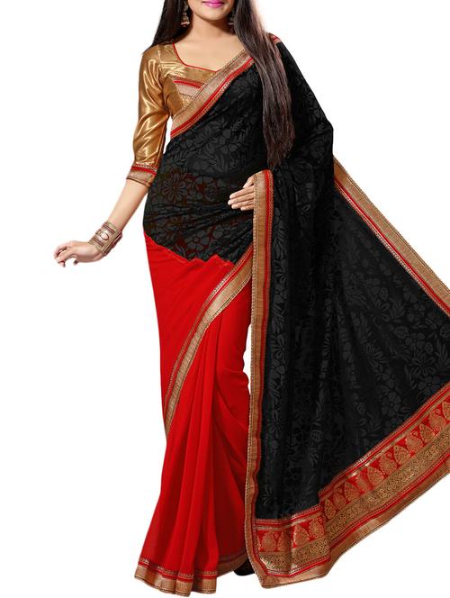 red , black faux georgette saree - 10011719 - Very Small Image - 1