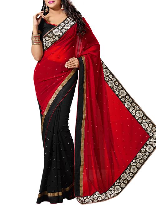 red , black faux georgette saree - 10011722 - Very Small Image - 1