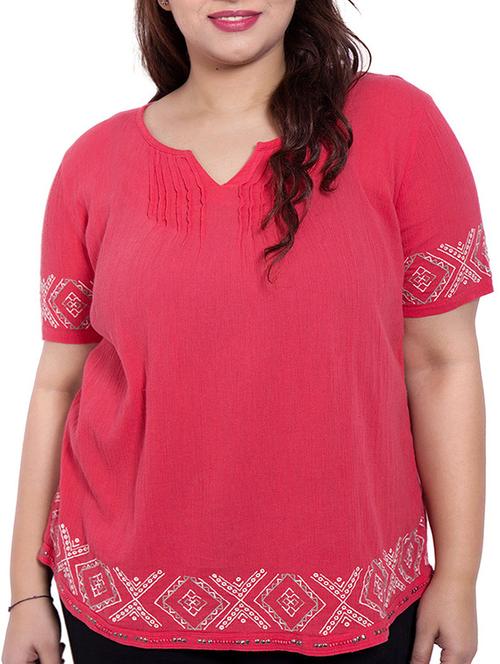red colored cotton embroidered top with pin tucks - 10012106 - Very Small Image - 1