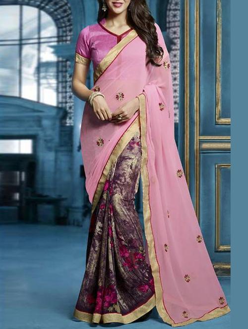 pink & brown georgette saree - 10016069 - Very Small Image - 1