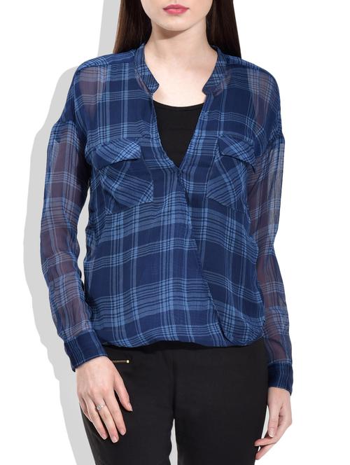 blue poly georgette checked top - 10016561 - Very Small Image - 1
