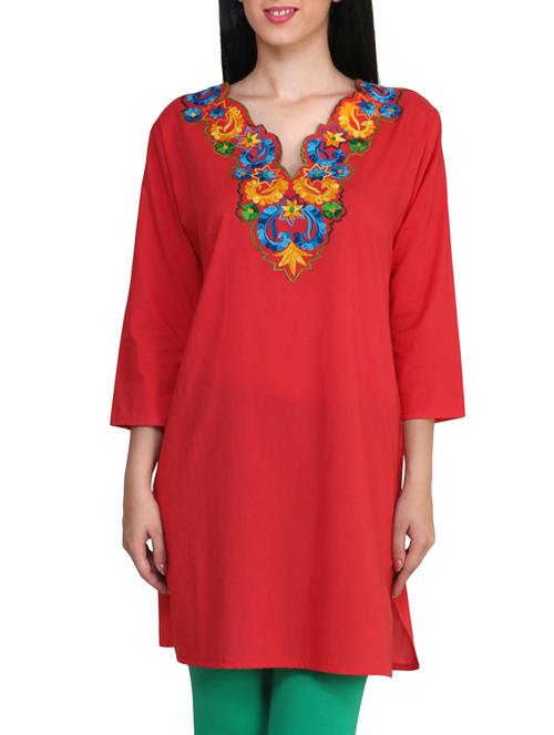 red cotton straight kurti - 10024400 - Very Small Image - 1