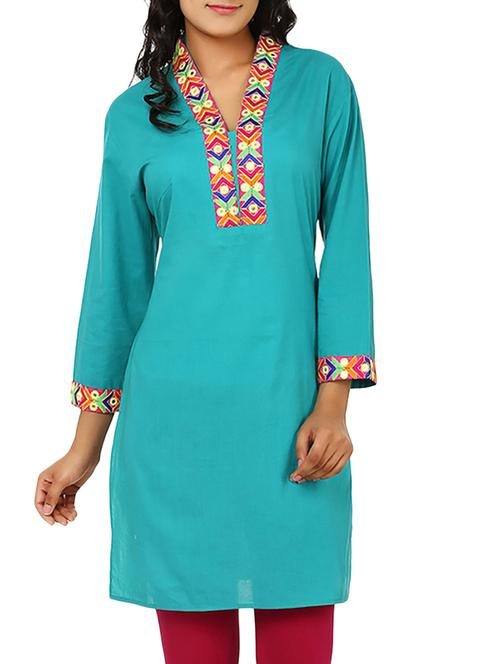 blue cotton straight kurti - 10024425 - Very Small Image - 1
