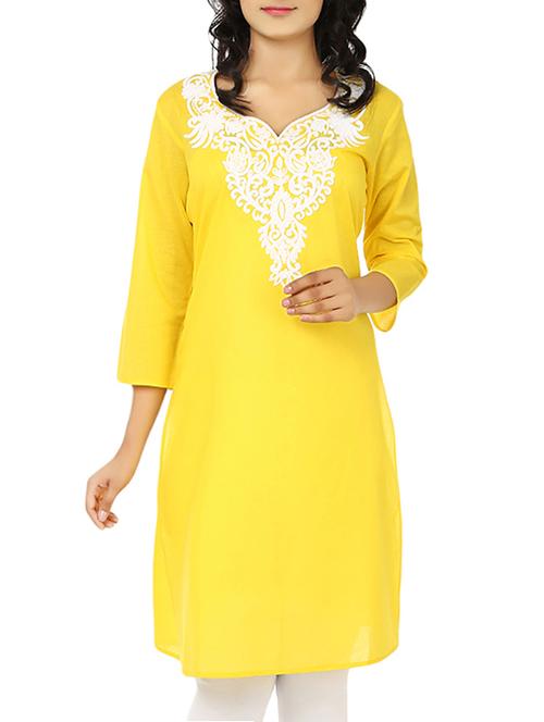 yellow cotton straight kurta - 10024429 - Very Small Image - 1