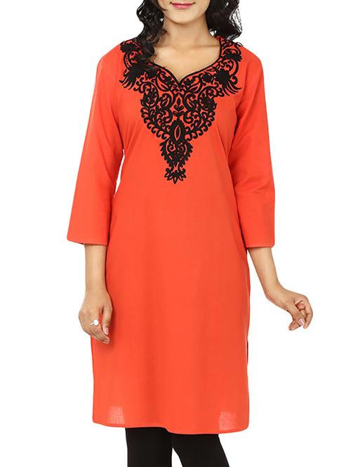 orange cotton straight kurta - 10024430 - Very Small Image - 1