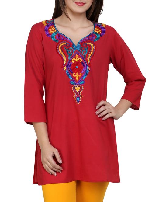 red cotton straight kurti - 10024454 - Very Small Image - 1