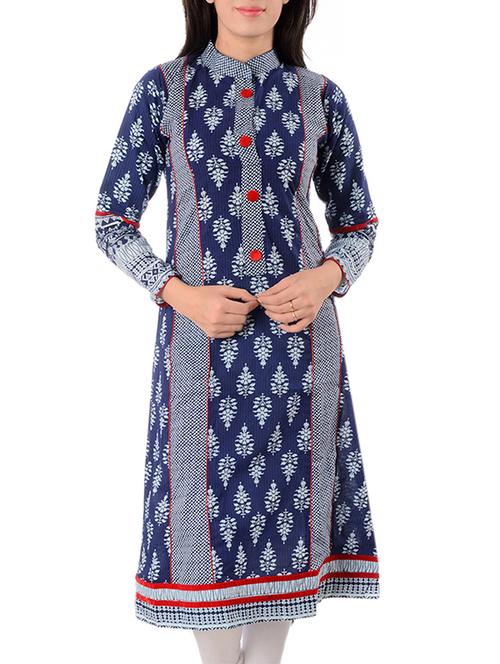 indigo cotton printed a-line kurta - 10033982 - Very Small Image - 1