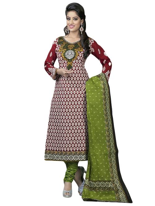 red, green cotton unstitched suit - 10035677 - Very Small Image - 1