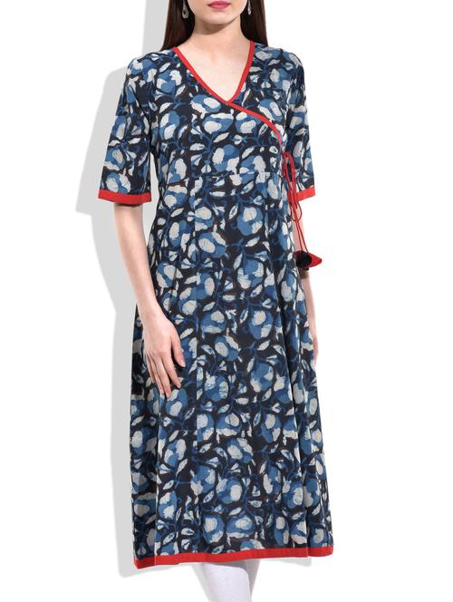 indigo color angrakha kurta , hand block printed in bagru - 10044234 - Very Small Image - 1