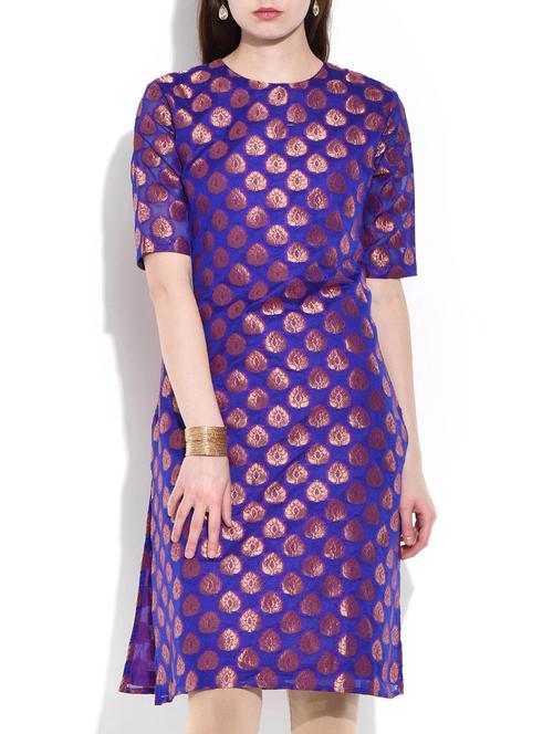 chanderi brocade blue kurti with round neck - 10044271 - Very Small Image - 1