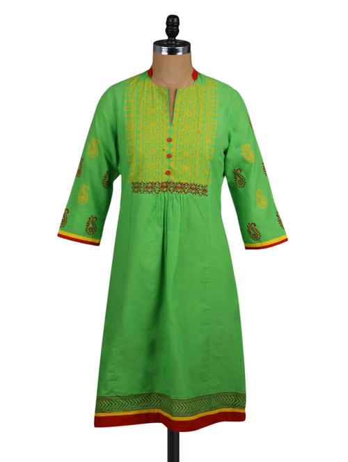 green cotton a-line kurta - 1004706 - Very Small Image - 1