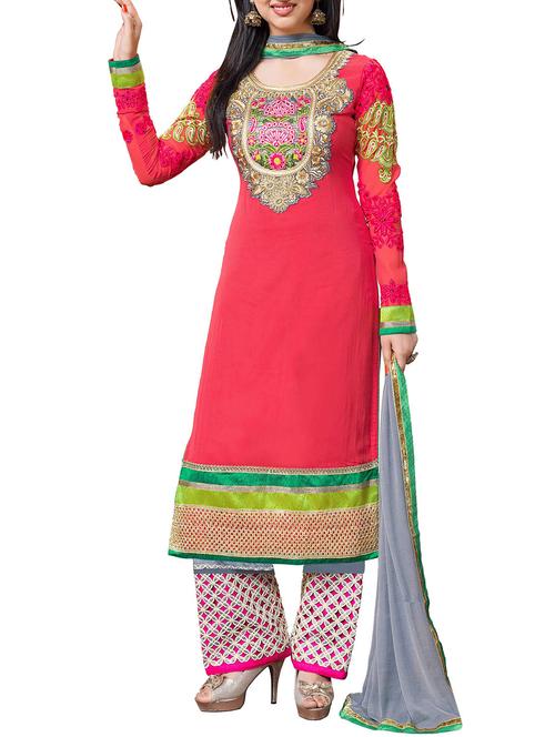 red georgette unstitched suit - 10061754 - Very Small Image - 1