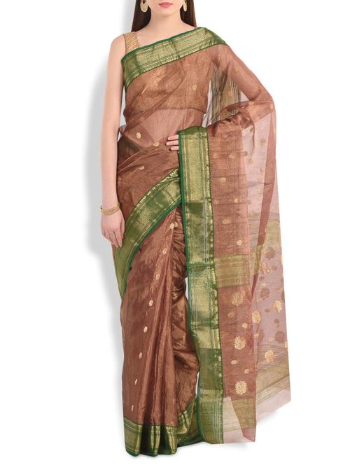 copper floral brocade tissue saree - 10064720 - Very Small Image - 1