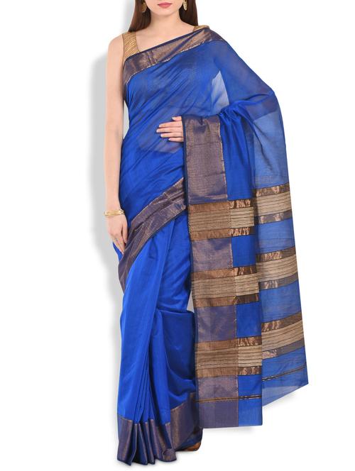 royal blue chanderi silk saree with chevron border - 10064725 - Very Small Image - 1