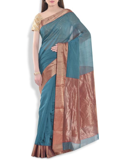 teal chevron brocade chanderi silk saree - 10064729 - Very Small Image - 1