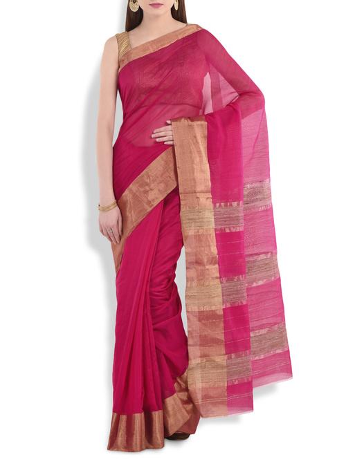 fuchsia chanderi silk saree with antique gold border - 10064731 - Very Small Image - 1